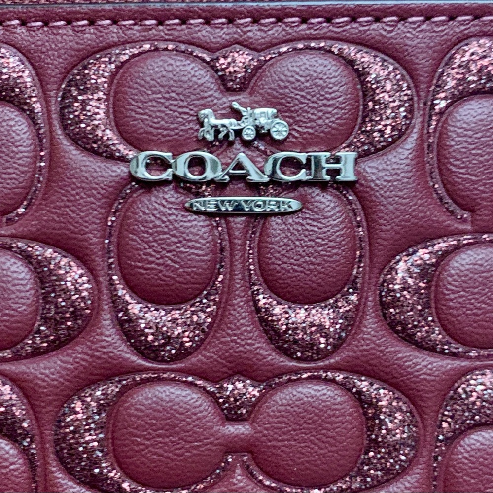 Coach Corner Zip Wristlet Wine Glitter Signature Leather - Picture 7 of 12